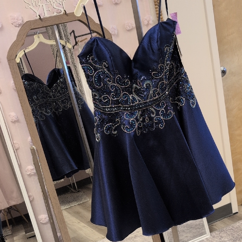 Navy Strapless Dress with Beaded Accents